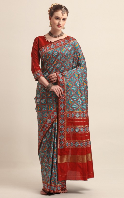 KAPAAHA Woven Figure Patola Saree (Firozi)